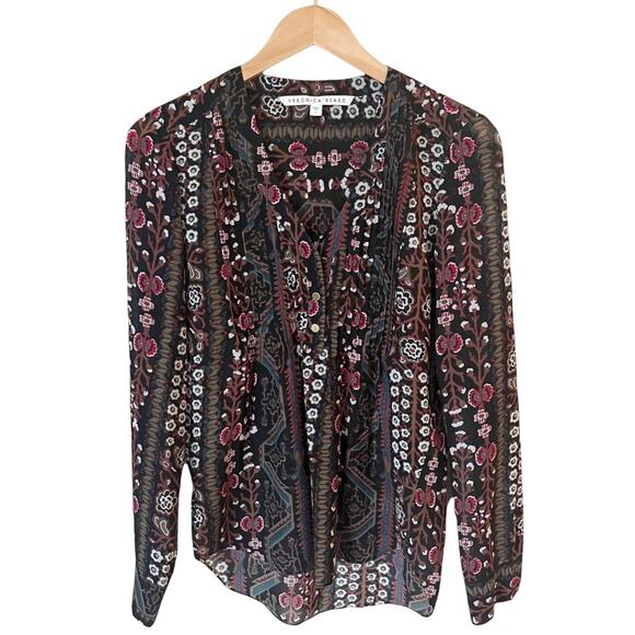 VERONICA BEARD Lowell Blouse Floral Paisley Black Brown Sheer Top Long Sleeves 4 - Picture 10 of 10